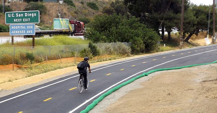 The approximately one-and-a-half mile stretch of upgraded bike path runs along Interstate 5 (I-5) from the northernmost point of Santa Fe Street to Gilman Drive/La Jolla Colony Drive and will be used by more than 400 bicyclists daily.